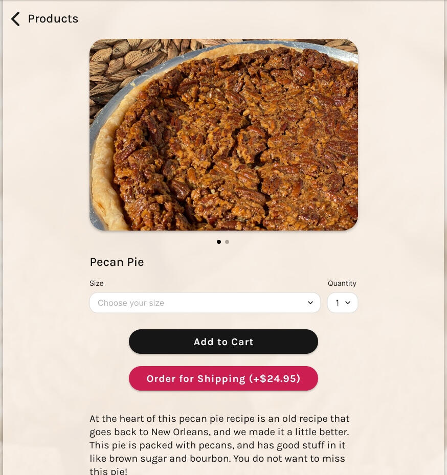 Product page for pecan pie