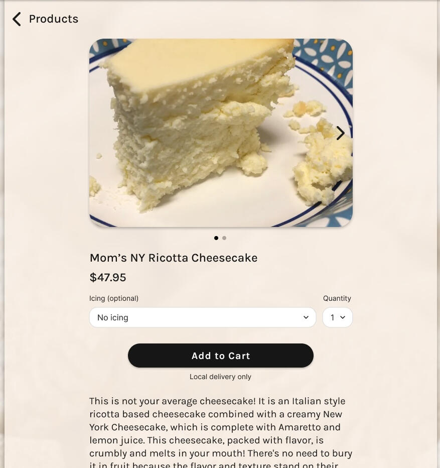 Product page for cheesecake